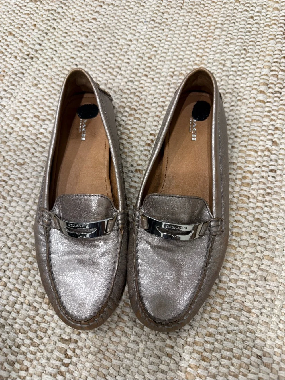 Coach Metallic Taupe Leather Moccasin Flats